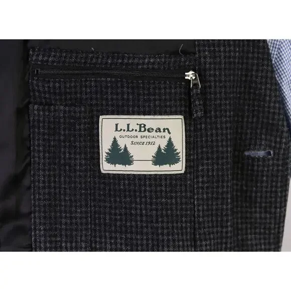 LL Bean Gray Black Gingham Check Knit Woven Blazer Jacket 42R
